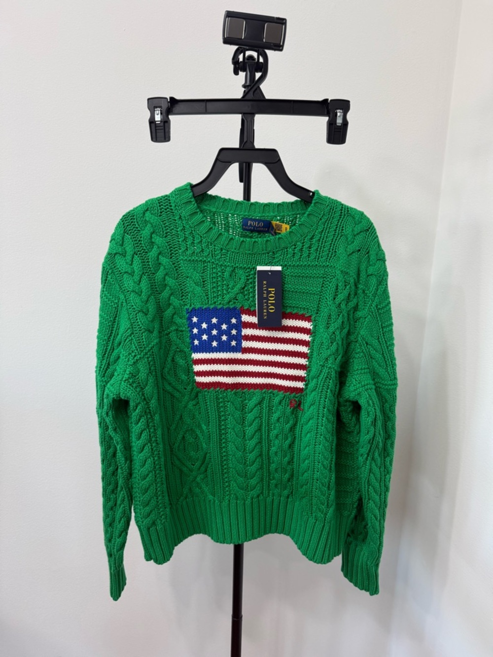 Polo by Ralph Lauren Green Cable-Knit Crewneck with Flag Motif - Picture 4 of 7